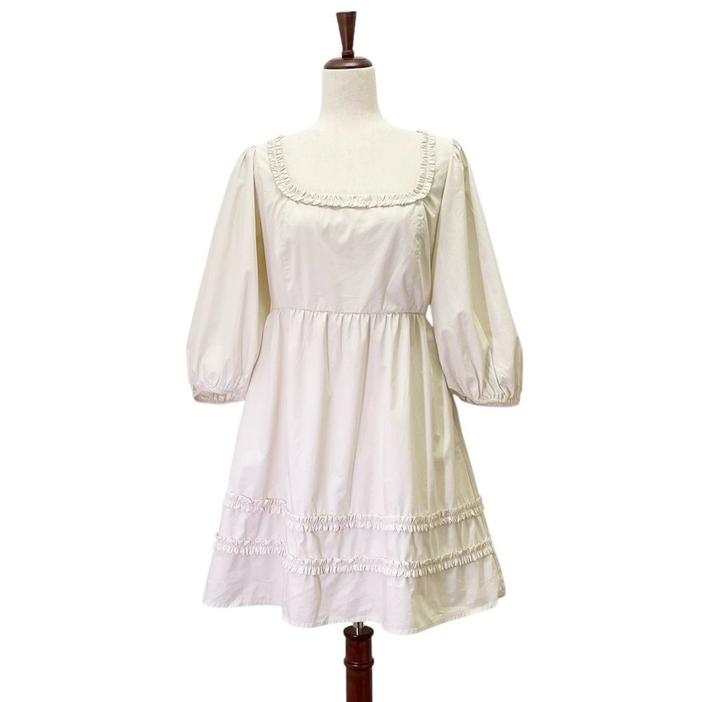 NWT GAP Puff Sleeve Ruffle Neck Mini Dress in Chino Beige Cream Cotton Size 4